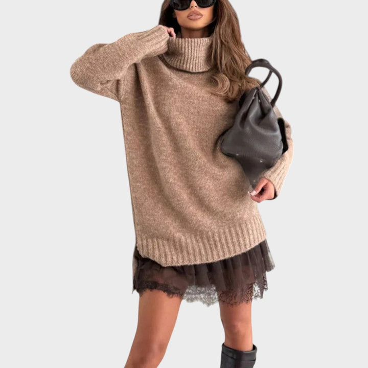 Hildur set med beige tröja och brun spetsklänning