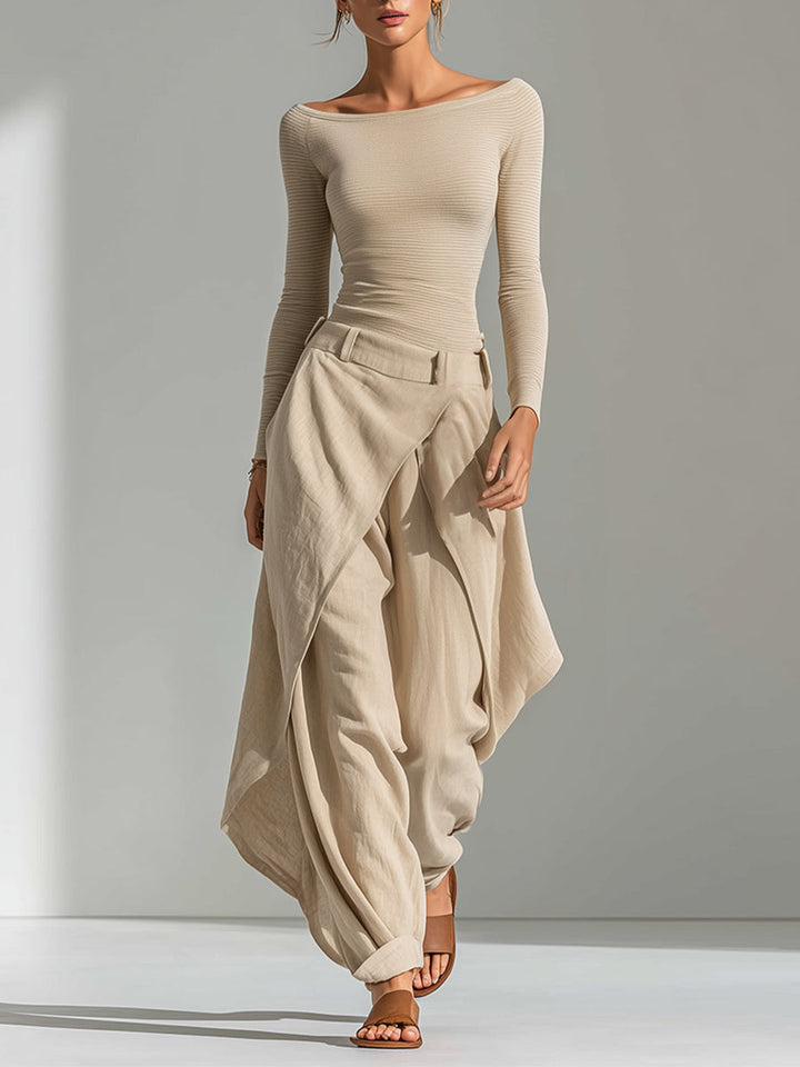 Delphine | Beige Båthalsad Topp och Vida Volangbyxor