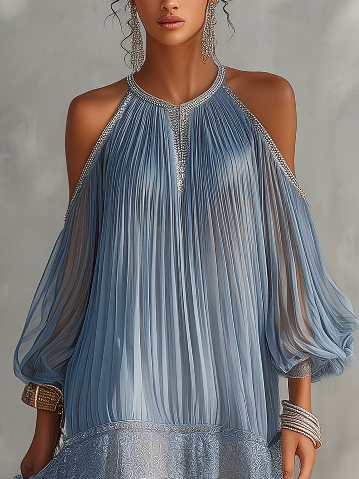 Celeste | Mini Blå Klänning med Off-Shoulder Rynkning och Spetskant