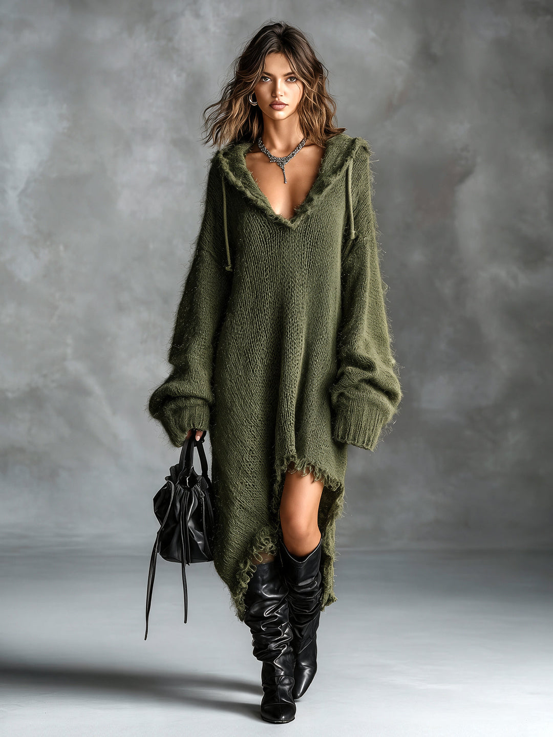 Astrid | Chic Elegant Brun Huva-Krage Dropped Shoulder Långärmad Asymmetrisk Söm Råkant Detalj Oversize Fuzzy Stickad Midi Klänning