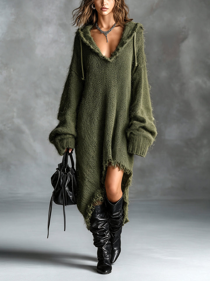 Astrid | Chic Elegant Brun Huva-Krage Dropped Shoulder Långärmad Asymmetrisk Söm Råkant Detalj Oversize Fuzzy Stickad Midi Klänning