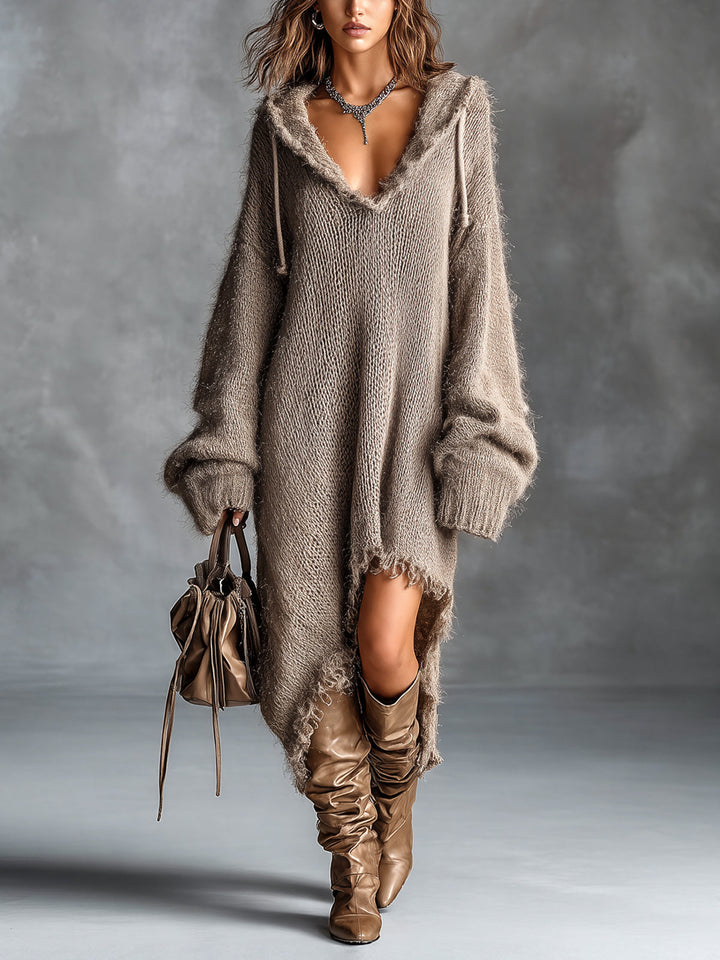 Astrid | Chic Elegant Brun Huva-Krage Dropped Shoulder Långärmad Asymmetrisk Söm Råkant Detalj Oversize Fuzzy Stickad Midi Klänning