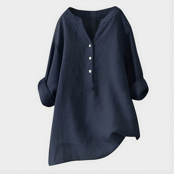 Veronique | Elegant Blus i Bomull-Linne med V-Hals