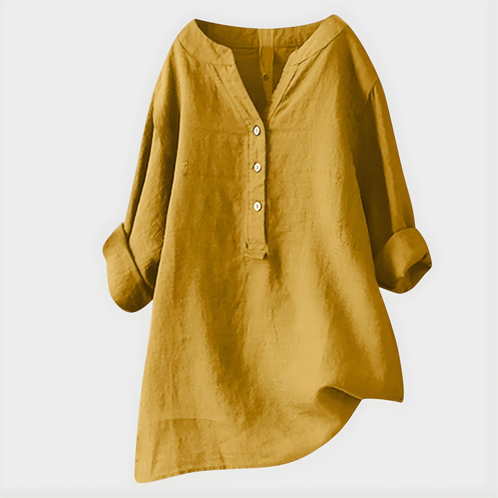 Veronique | Elegant Blus i Bomull-Linne med V-Hals