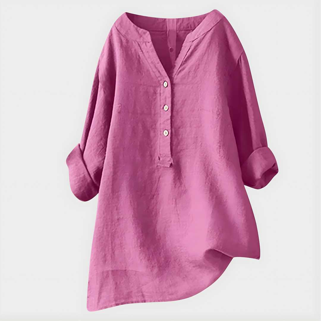 Veronique | Elegant Blus i Bomull-Linne med V-Hals