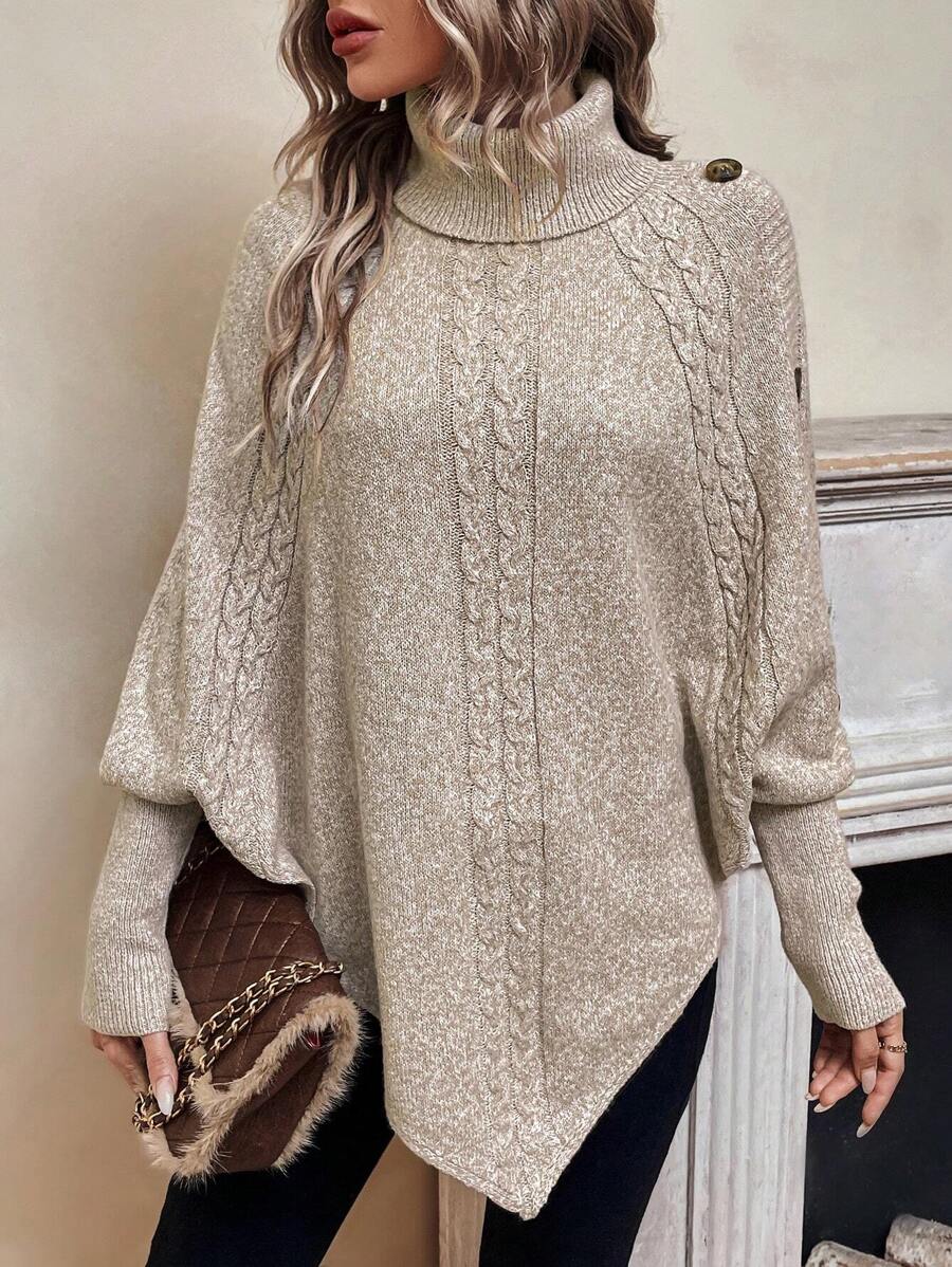 Alexis | Höghalsad Batwing Poncho Tröja, Asymmetrisk Kabelstickad Pullover