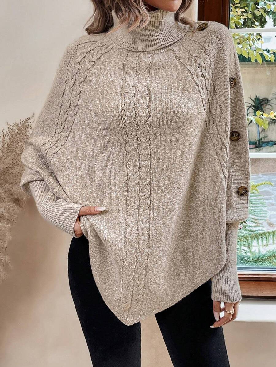 Alexis | Höghalsad Batwing Poncho Tröja, Asymmetrisk Kabelstickad Pullover