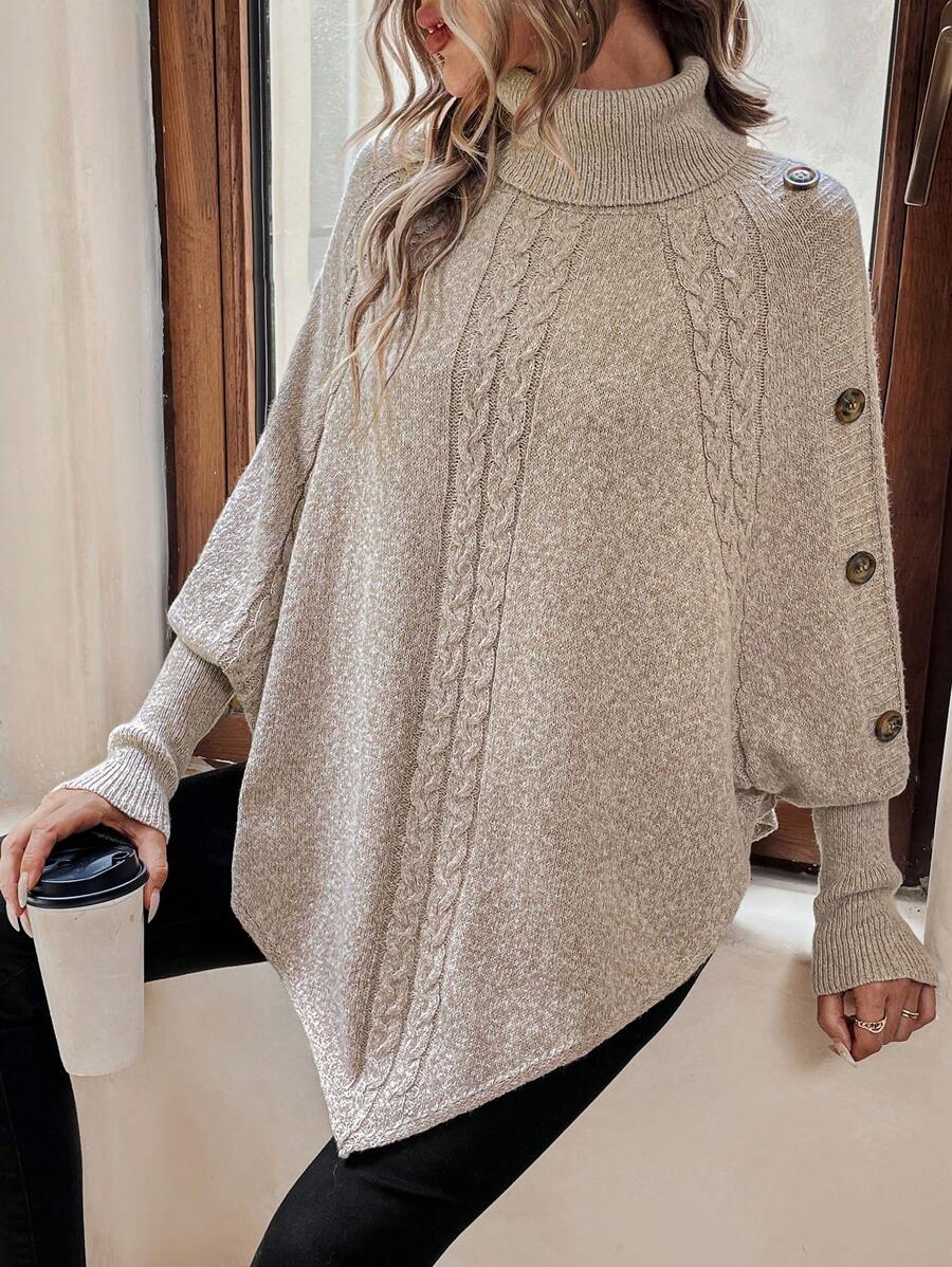 Alexis | Höghalsad Batwing Poncho Tröja, Asymmetrisk Kabelstickad Pullover