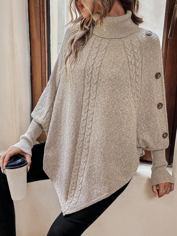 Alexis | Höghalsad Batwing Poncho Tröja, Asymmetrisk Kabelstickad Pullover