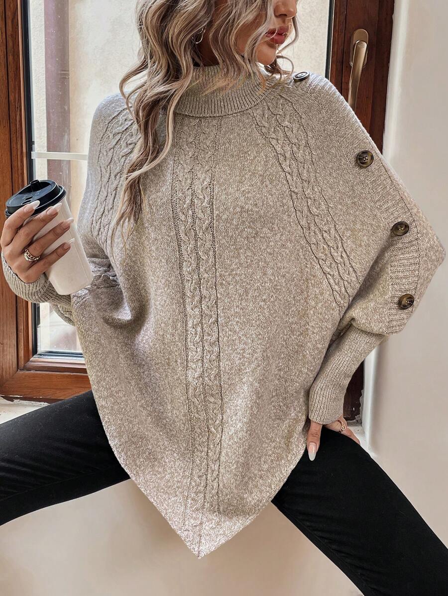 Alexis | Höghalsad Batwing Poncho Tröja, Asymmetrisk Kabelstickad Pullover
