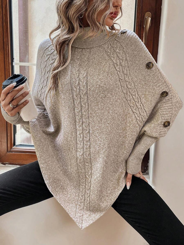 Alexis | Höghalsad Batwing Poncho Tröja, Asymmetrisk Kabelstickad Pullover