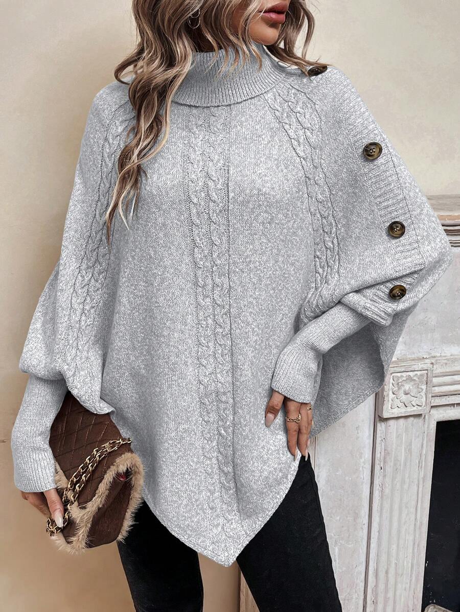 Alexis | Höghalsad Batwing Poncho Tröja, Asymmetrisk Kabelstickad Pullover