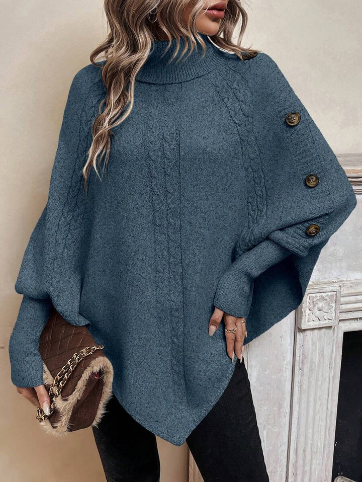 Alexis | Höghalsad Batwing Poncho Tröja, Asymmetrisk Kabelstickad Pullover