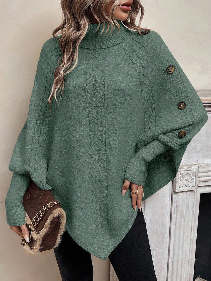 Alexis | Höghalsad Batwing Poncho Tröja, Asymmetrisk Kabelstickad Pullover
