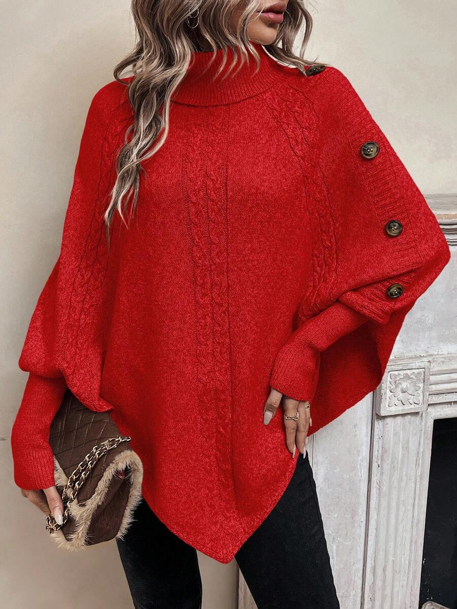 Alexis | Höghalsad Batwing Poncho Tröja, Asymmetrisk Kabelstickad Pullover
