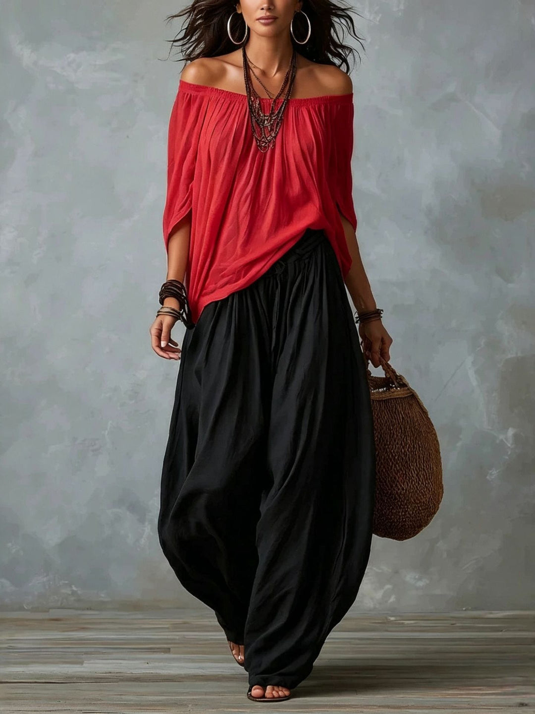 Ella | Top Vit Off-the-shoulder och Vida Lykta Byxor Set