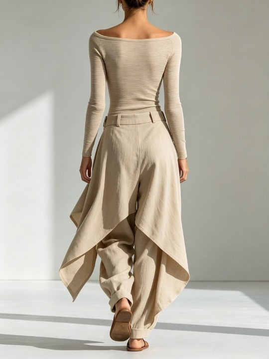 Allie | Beige off-shoulder topp och breda lagerbyxor