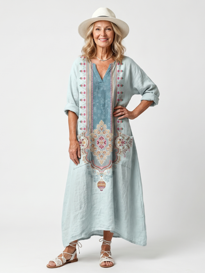 Kassiani | Utsmyckad Panel Broderad Oversized Pocket Midi Klänning