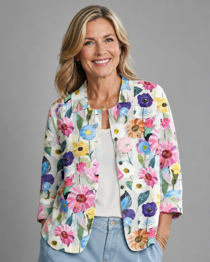 Rosamonde | Handmålad Blommig Blus med Spetskrage