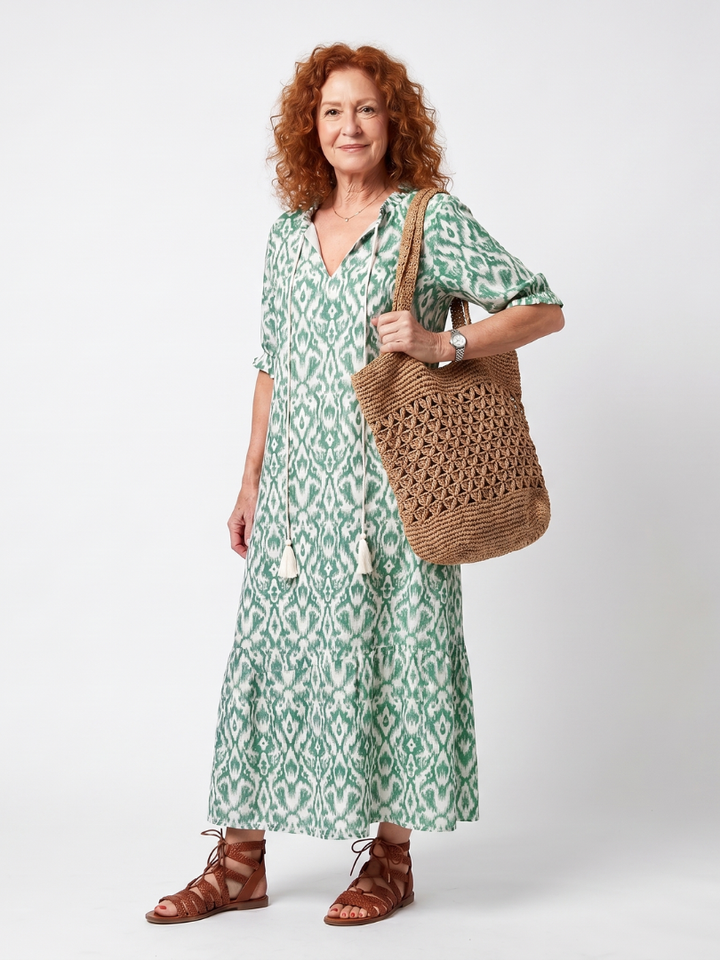 Ilara | Mönstrad V-ringad Tassel Midi Klänning