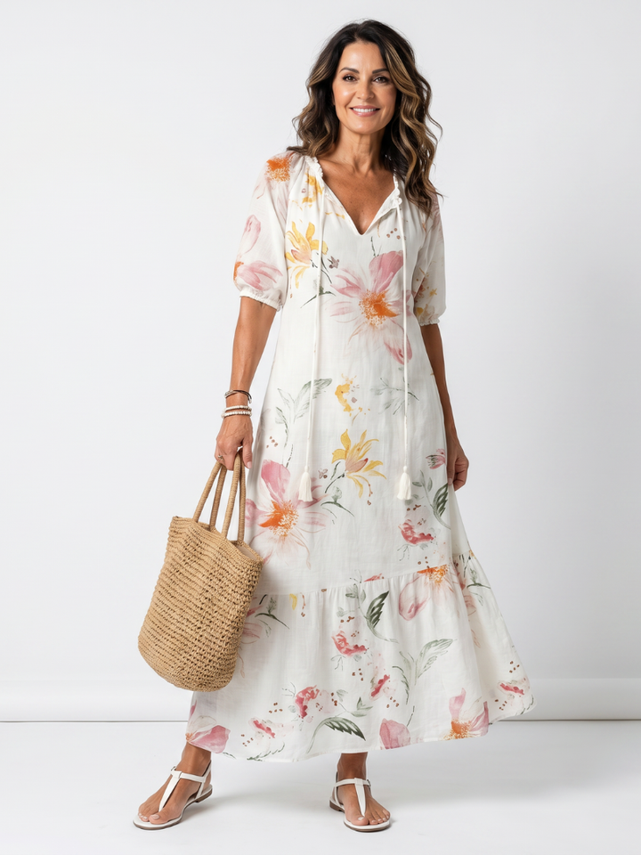 Noa | Mjuk Blommig Lager Tassel Midi Klänning