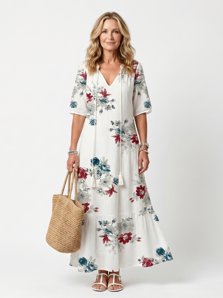 Maeva | Spridd Blommig Fringed Midi Klänning