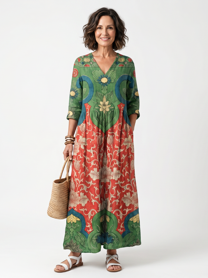 Sloane | Blandad Tryck V-ringad Pocket Midi Klänning
