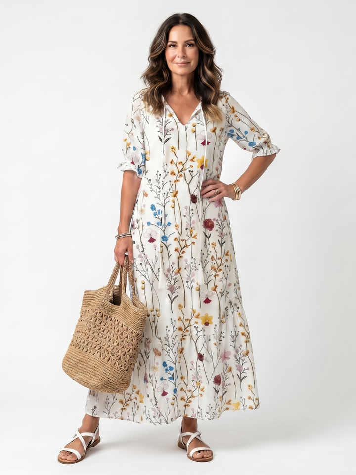 Sylvie | Botanisk Tryck Fringed Midi Klänning
