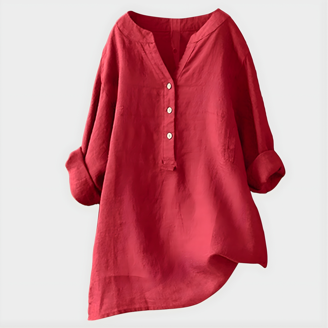 Veronique | Elegant Blus i Bomull-Linne med V-Hals
