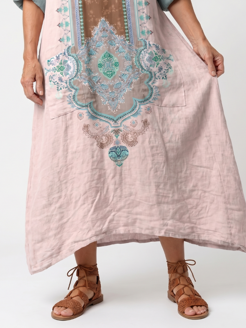 Kenza | Broderad Panel Avslappnad Pocket Midi Klänning