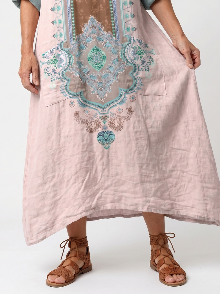 Kenza | Broderad Panel Avslappnad Pocket Midi Klänning