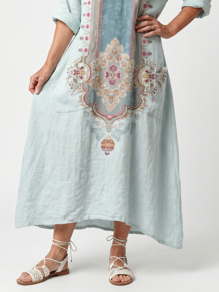 Kassiani | Utsmyckad Panel Broderad Oversized Pocket Midi Klänning
