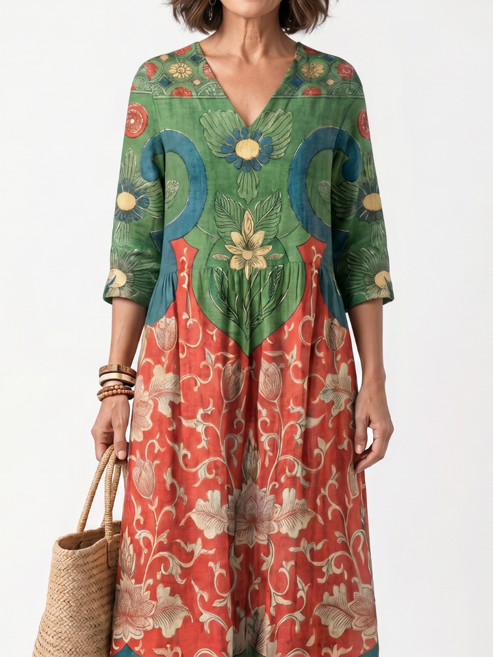 Sloane | Blandad Tryck V-ringad Pocket Midi Klänning