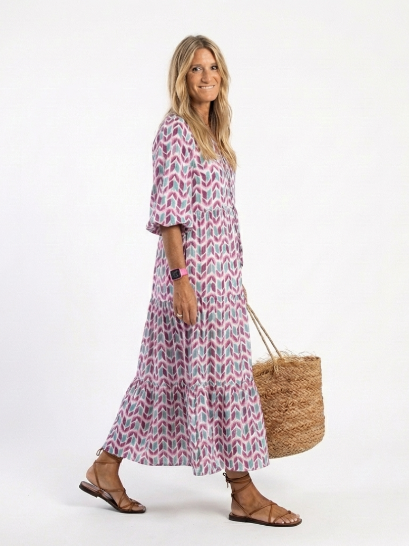 Mireya | Geometrisk Tryck Långärmad Tiered Midi Klänning