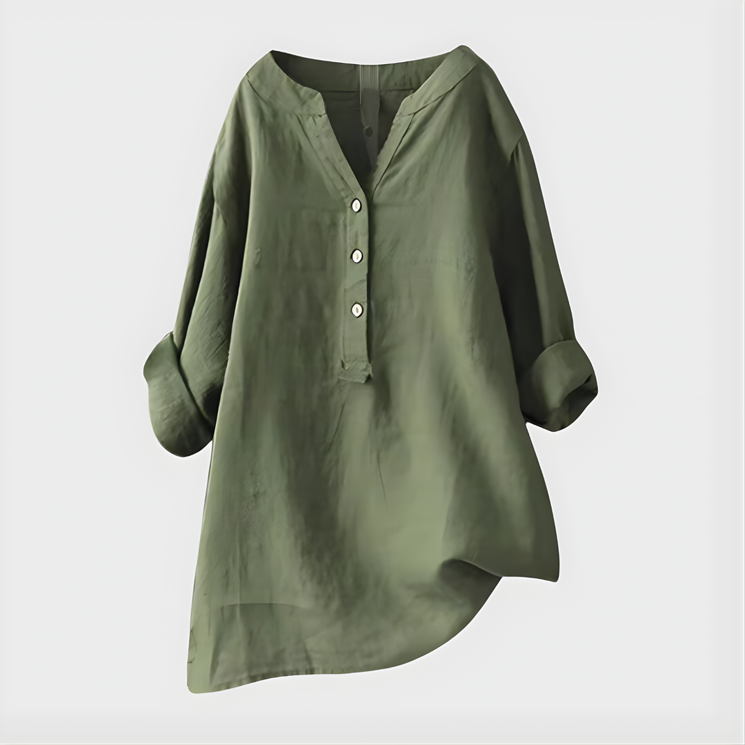 Veronique | Elegant Blus i Bomull-Linne med V-Hals