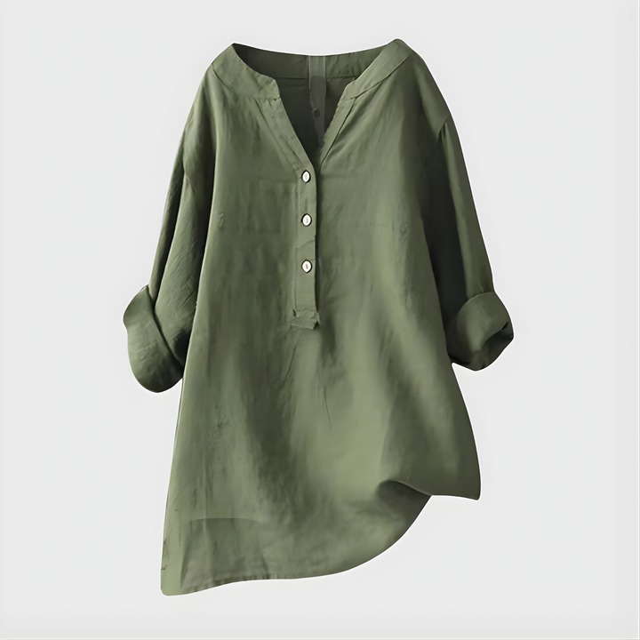 Veronique | Elegant Blus i Bomull-Linne med V-Hals