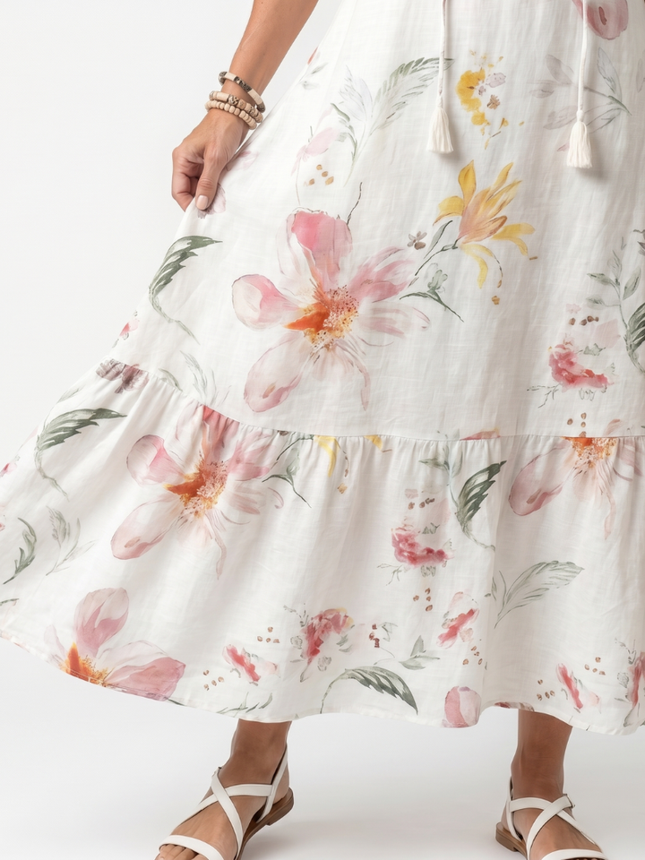 Noa | Mjuk Blommig Lager Tassel Midi Klänning