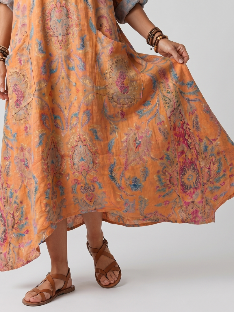 Remi | Notch Neck Printed Oversized Pocket Midi Klänning