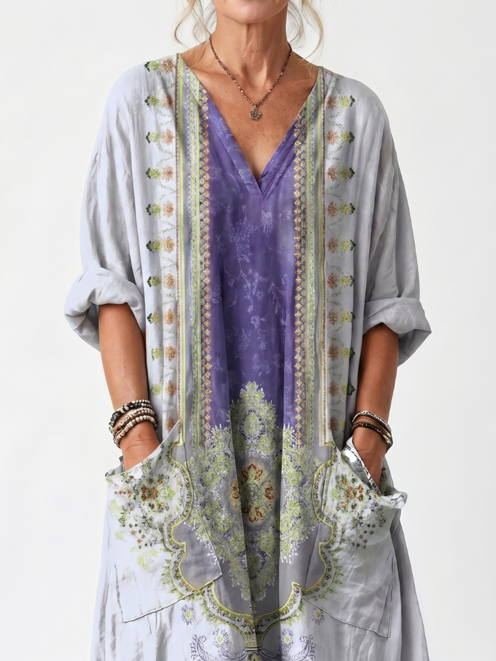 Raina | Kontrastpanel Broderad Oversized Fick Midi Klänning