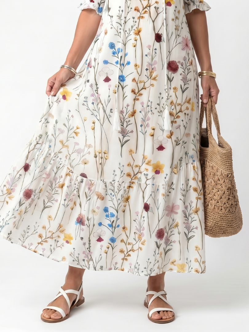 Sylvie | Botanisk Tryck Fringed Midi Klänning