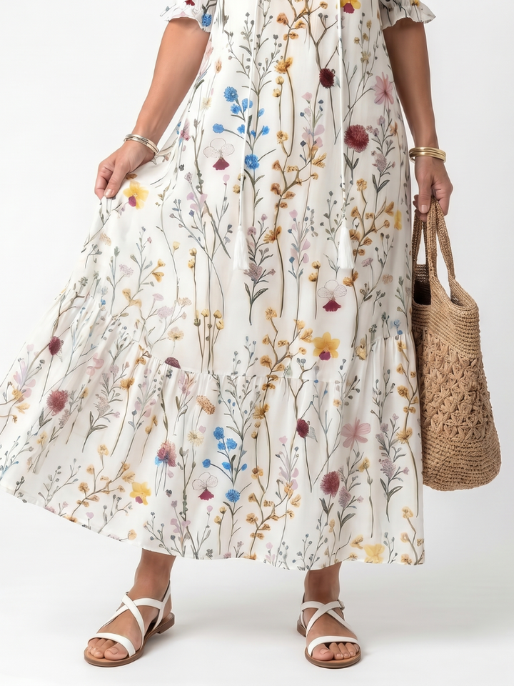 Sylvie | Botanisk Tryck Fringed Midi Klänning