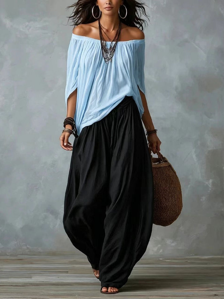 Ella | Top Vit Off-the-shoulder och Vida Lykta Byxor Set