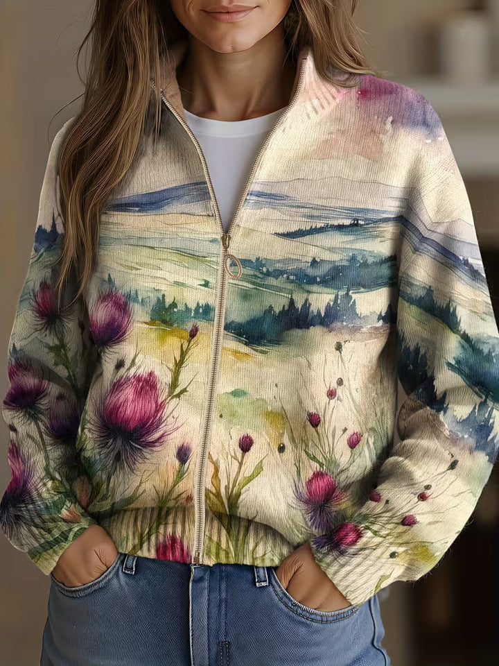 Zelda | Skotsk Tistel Landskap Zip Cardigan