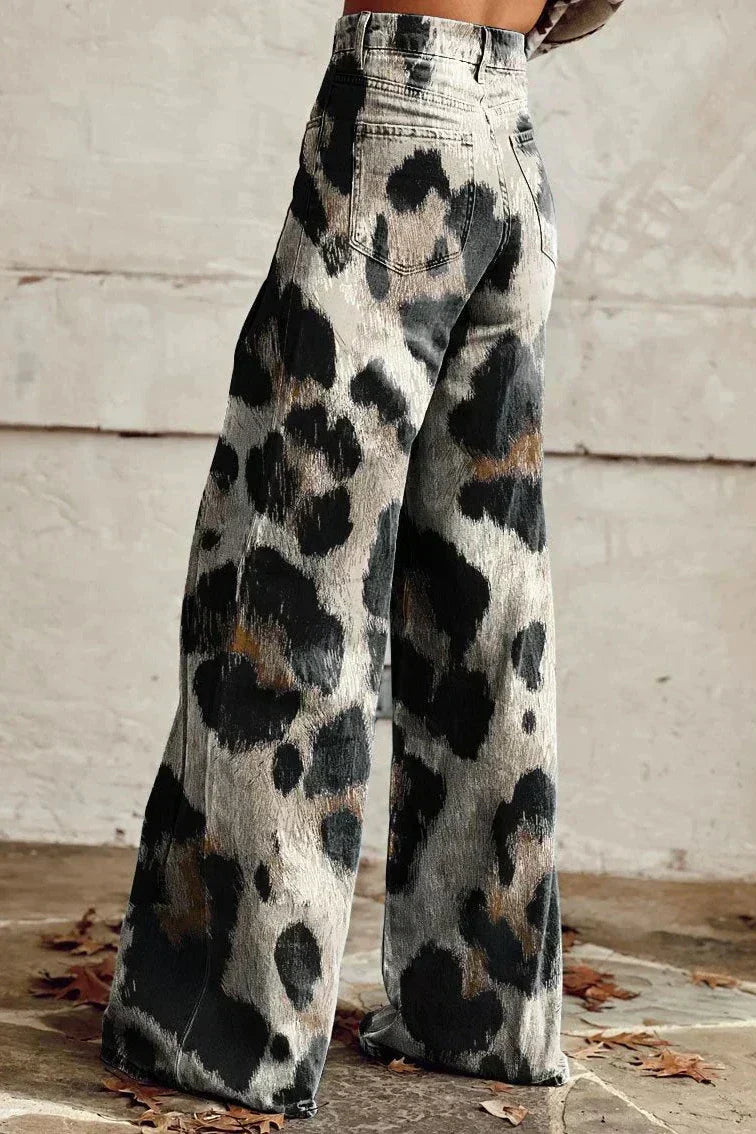 Lisa | bohemiska byxor i cheetahmönster, avslappnad passform, beige, bomullsblandning