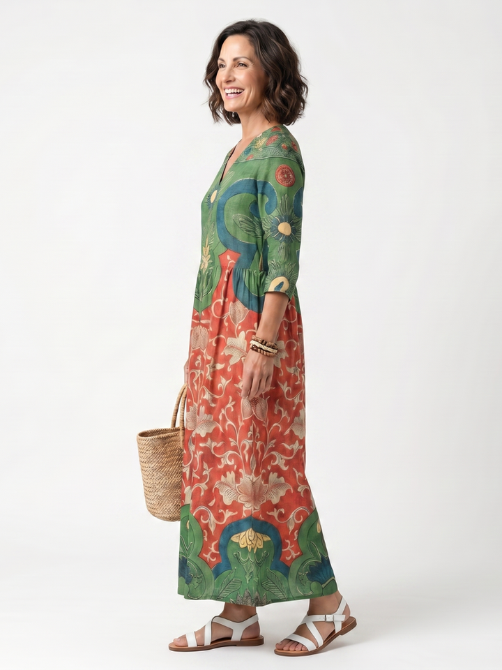 Sloane | Blandad Tryck V-ringad Pocket Midi Klänning