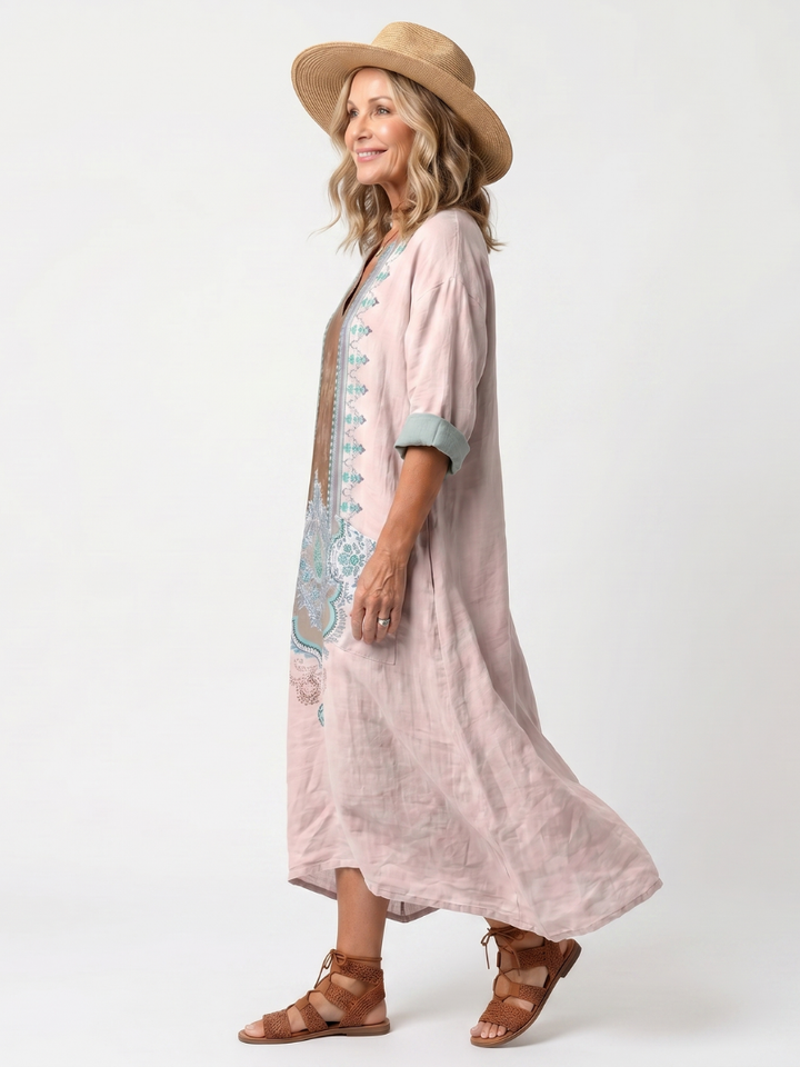 Kenza | Broderad Panel Avslappnad Pocket Midi Klänning