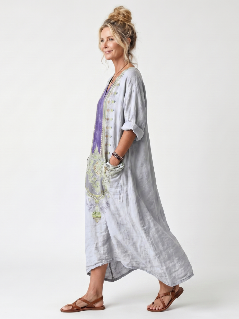 Raina | Kontrastpanel Broderad Oversized Fick Midi Klänning