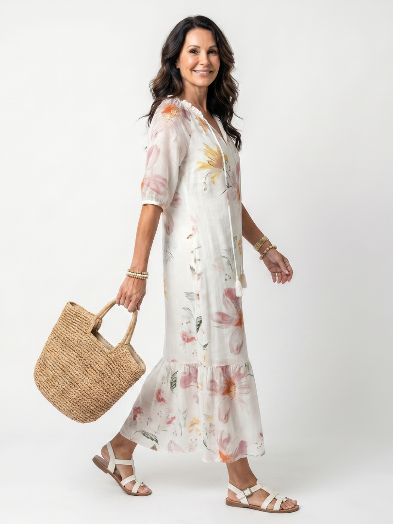 Noa | Mjuk Blommig Lager Tassel Midi Klänning