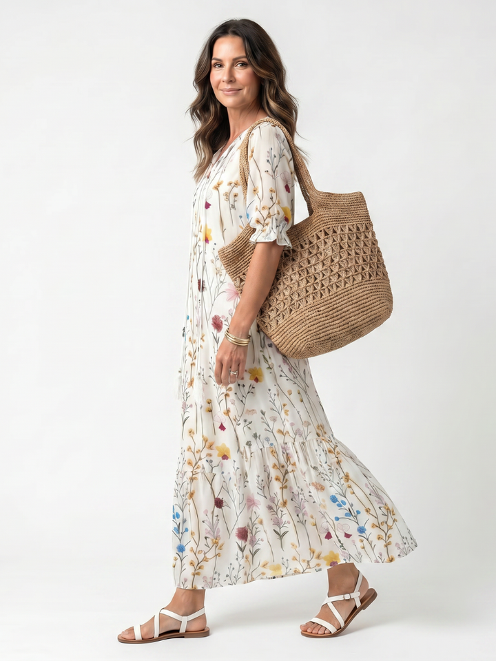Sylvie | Botanisk Tryck Fringed Midi Klänning