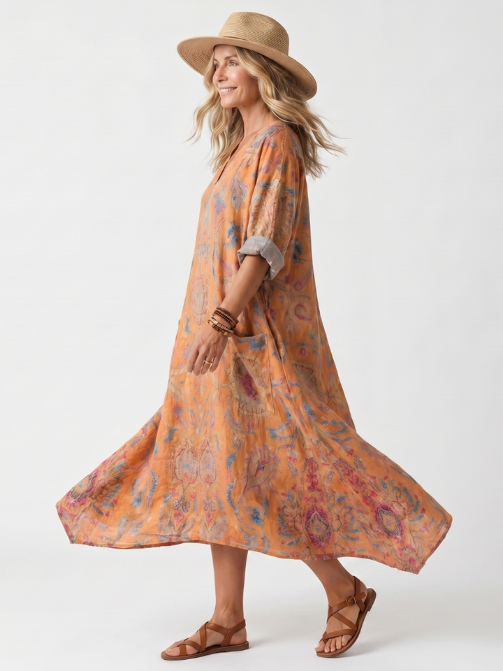 Remi | Notch Neck Printed Oversized Pocket Midi Klänning